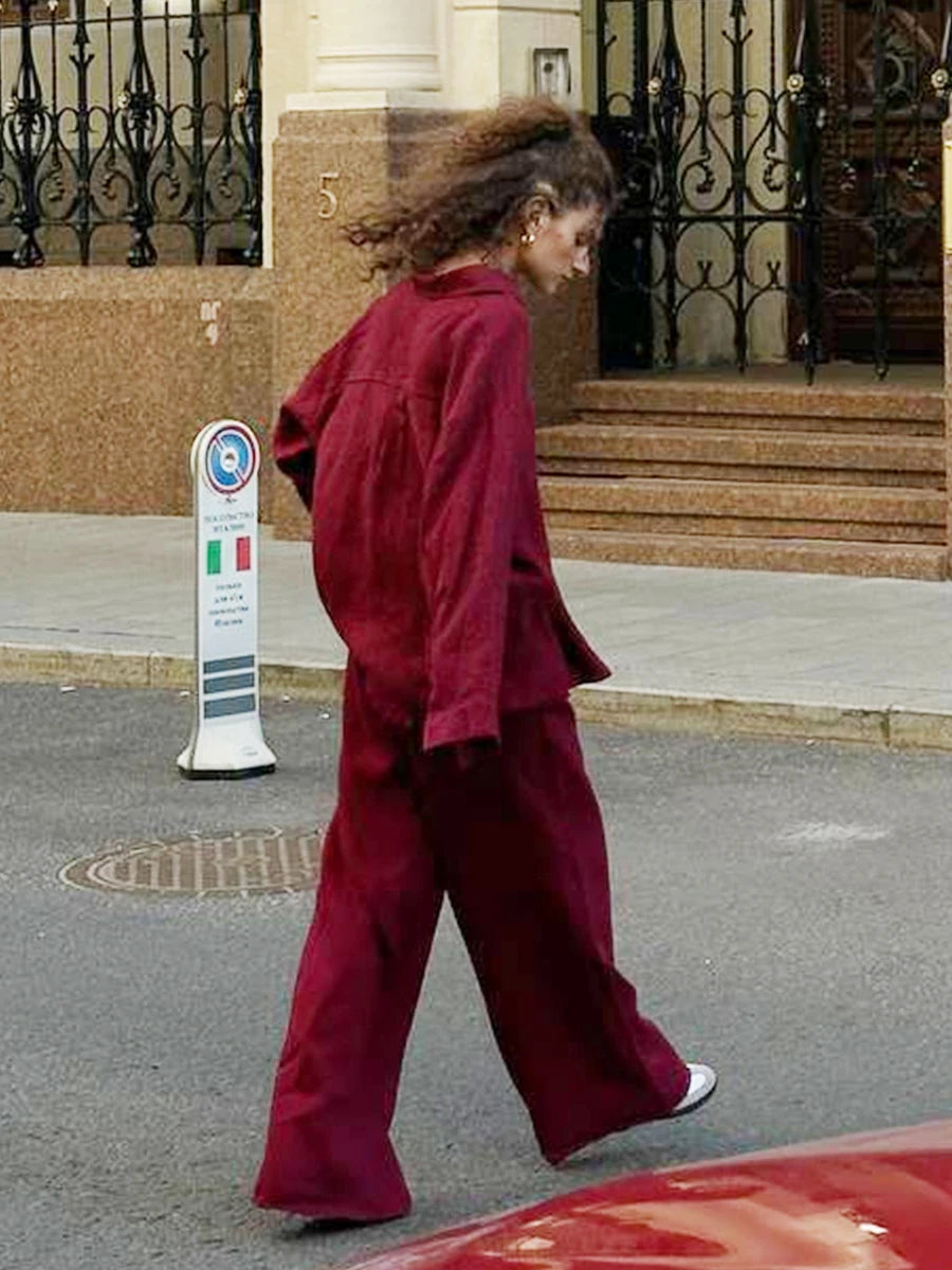 Casual Cotton Solid Color Cozy Lapel Long Sleeve Shirt Elastic Waist Pants Suits