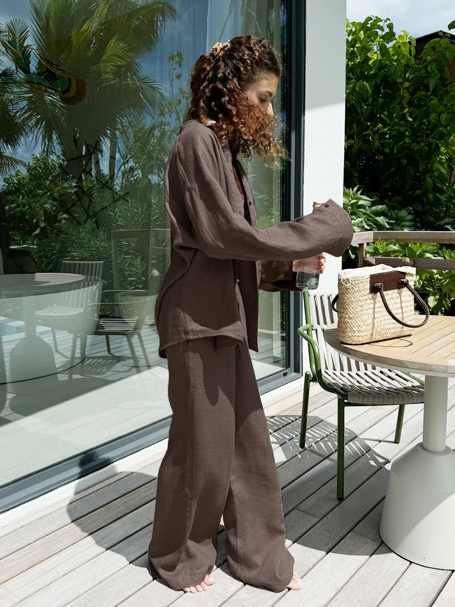 Casual Cotton Solid Color Cozy Lapel Long Sleeve Shirt Elastic Waist Pants Suits
