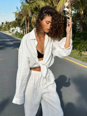 Casual Cotton Solid Color Cozy Lapel Long Sleeve Shirt Elastic Waist Pants Suits