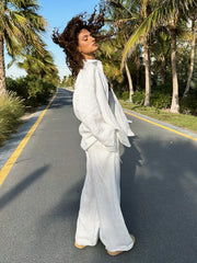 Casual Cotton Solid Color Cozy Lapel Long Sleeve Shirt Elastic Waist Pants Suits