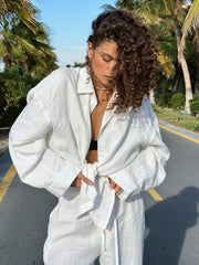 Casual Cotton Solid Color Cozy Lapel Long Sleeve Shirt Elastic Waist Pants Suits