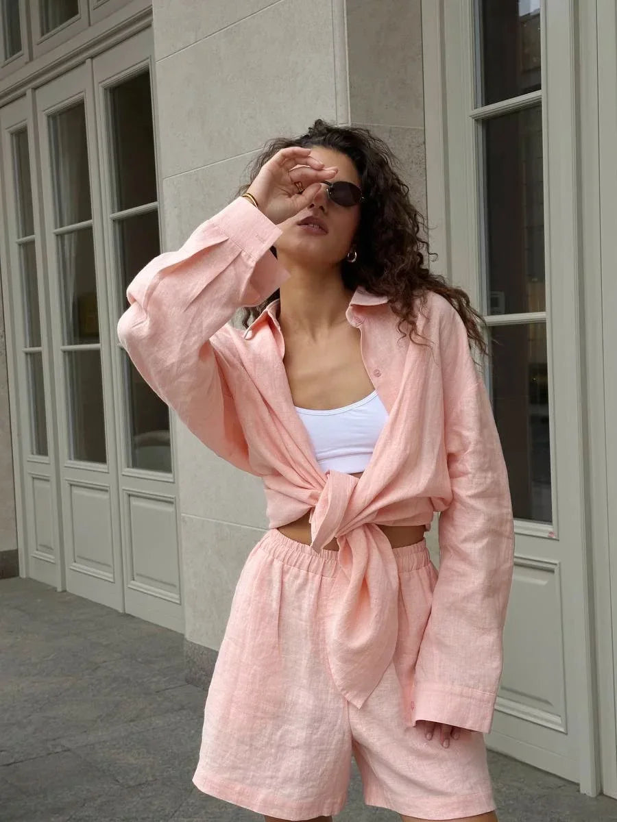 Casual Cotton Solid Color Long Sleeve Shirt Wide leg Jeans Suits