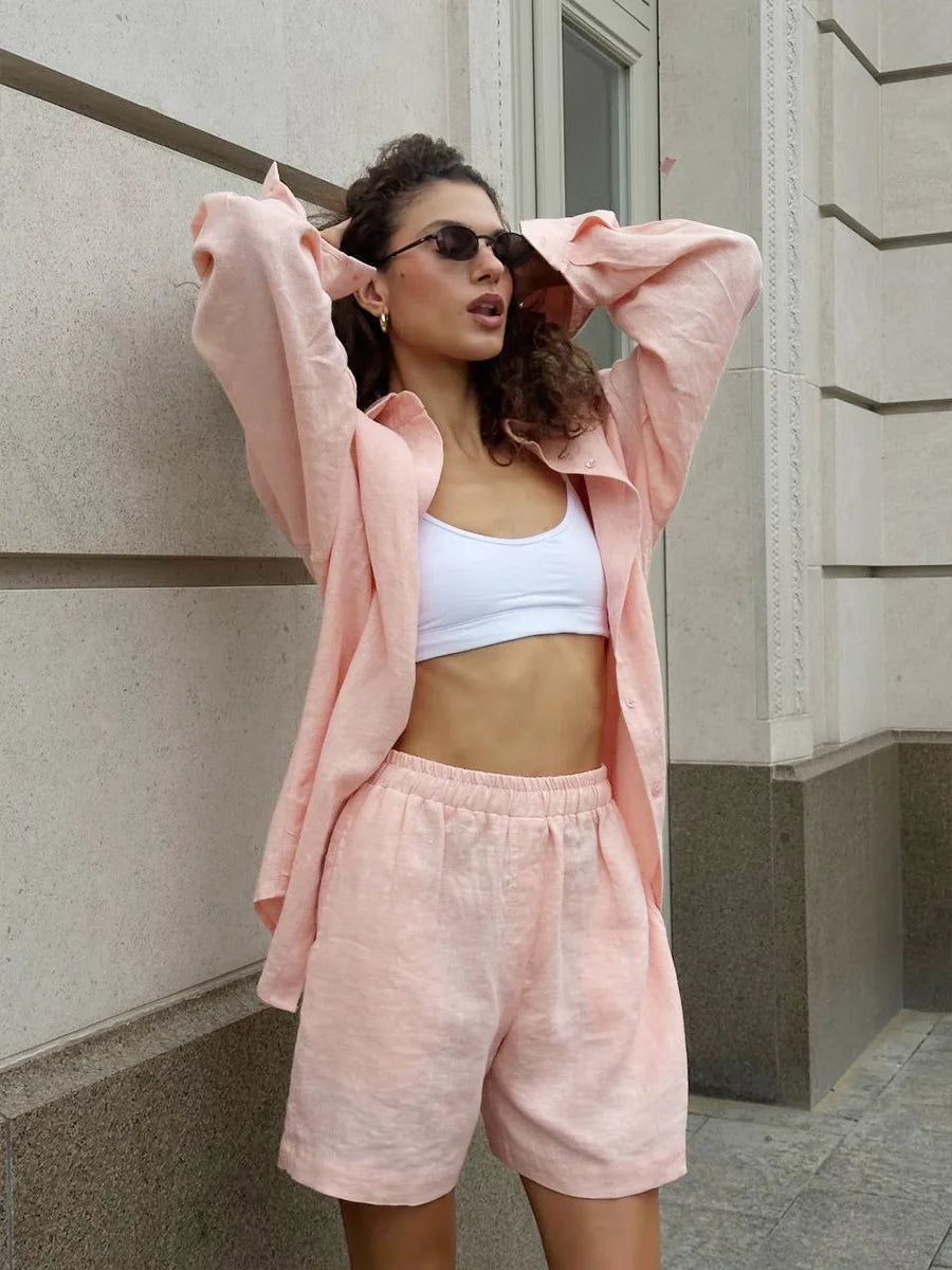 Casual Cotton Solid Color Long Sleeve Shirt Wide leg Jeans Suits