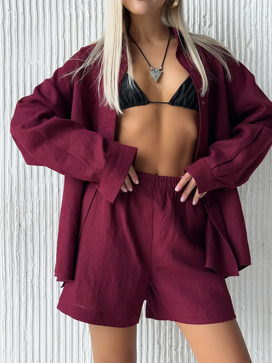 Casual Cotton Solid Color Long Sleeve Shirt Wide leg Jeans Suits