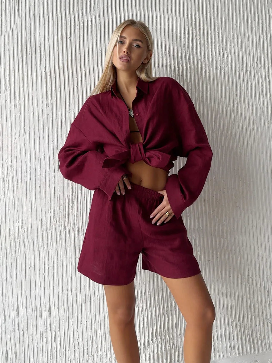 Casual Cotton Solid Color Long Sleeve Shirt Wide leg Jeans Suits