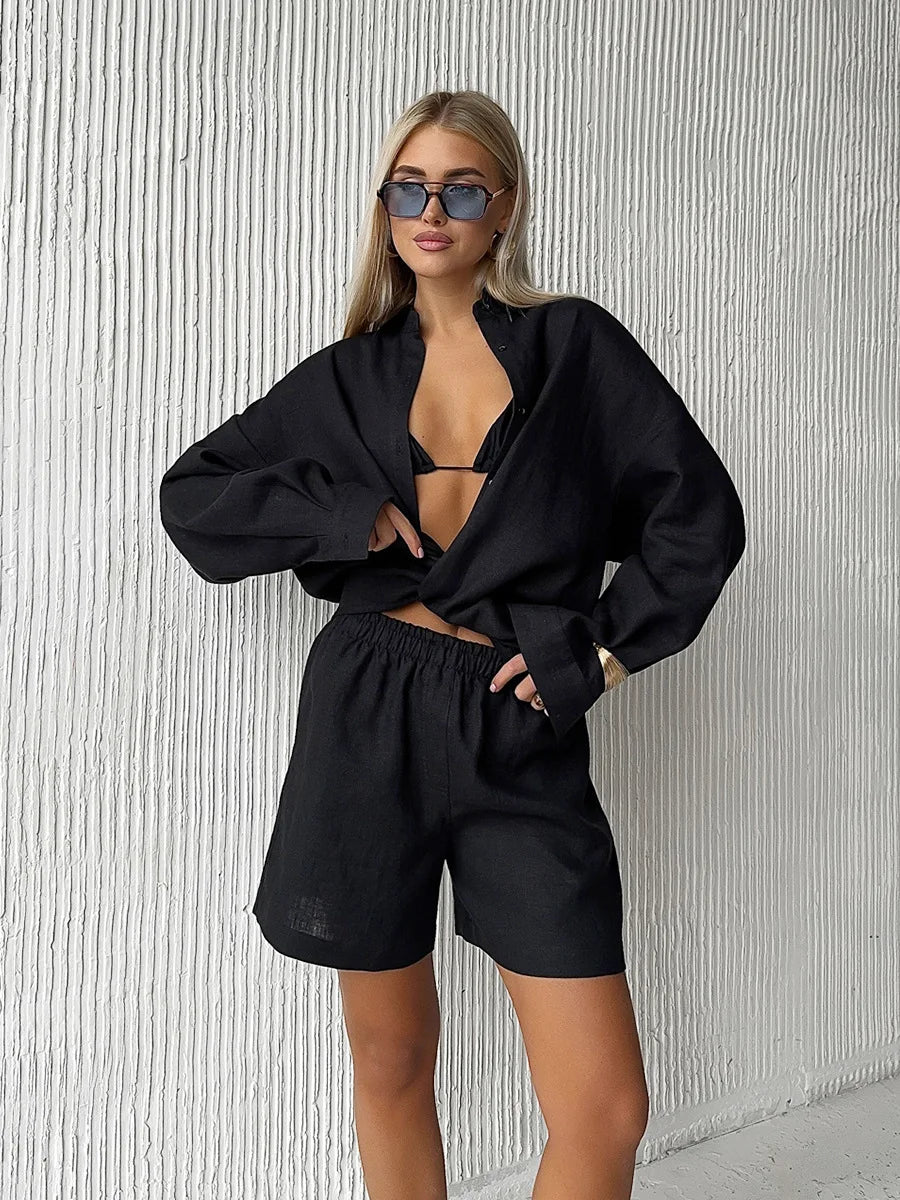 Casual Cotton Solid Color Long Sleeve Shirt Wide leg Jeans Suits