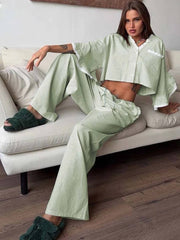 Casual Cotton V-Neck Petal Sleeve Patchwork Crop Shirt Lace Drawstring Pants Set