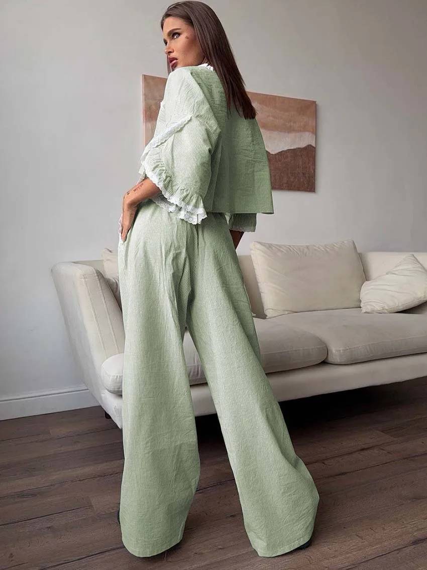 Casual Cotton V-Neck Petal Sleeve Patchwork Crop Shirt Lace Drawstring Pants Set