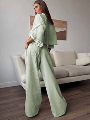 Casual Cotton V-Neck Petal Sleeve Patchwork Crop Shirt Lace Drawstring Pants Set