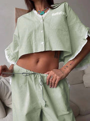 Casual Cotton V-Neck Petal Sleeve Patchwork Crop Shirt Lace Drawstring Pants Set