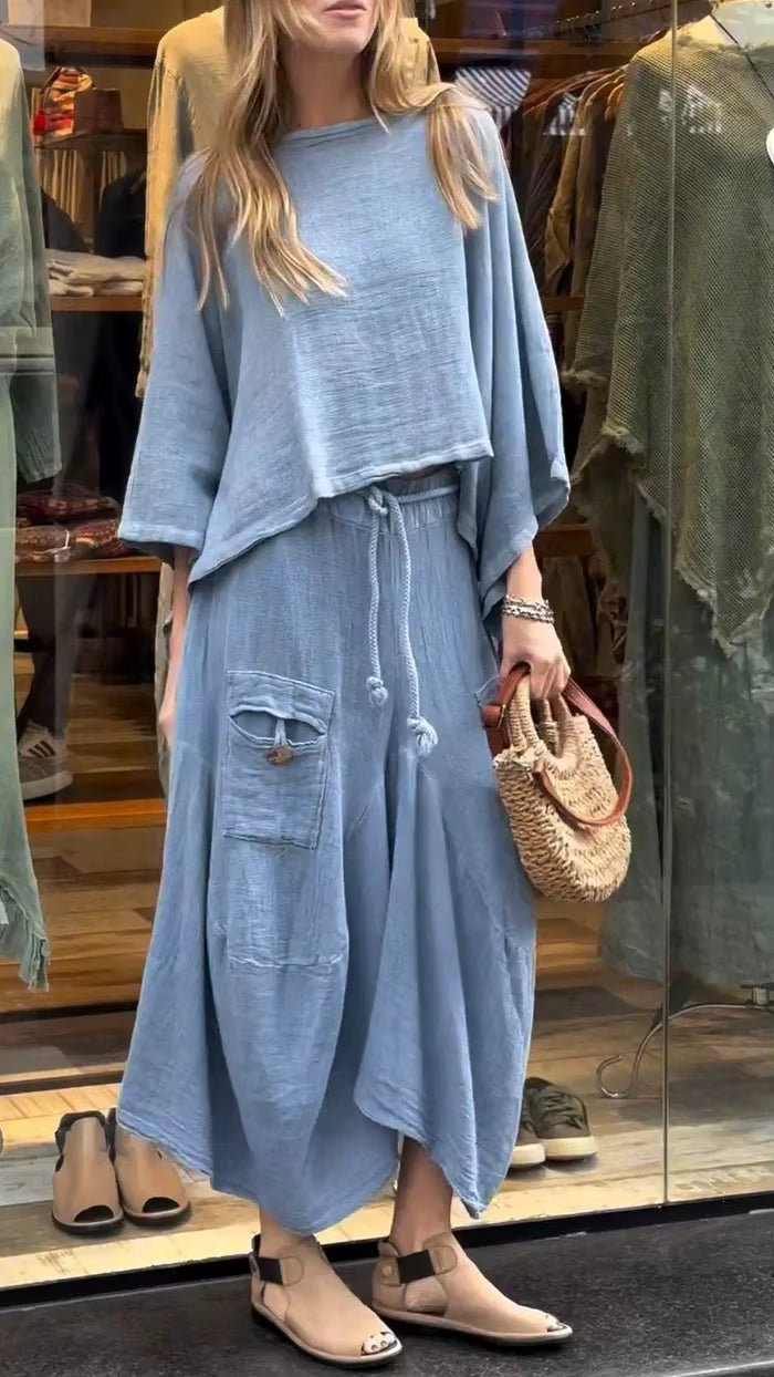 Casual Cotton and Linen Loose Solid Color Irregular Top Waist Pocket Skirt Two-piece Set