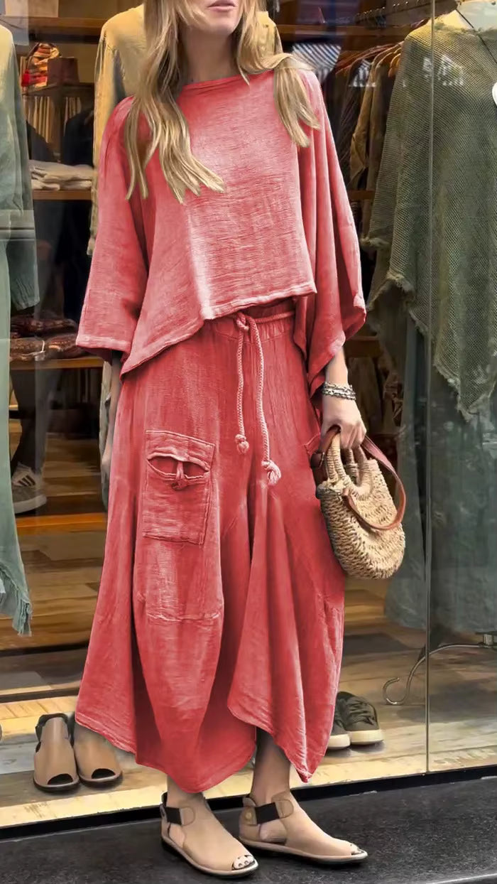 Casual Cotton and Linen Loose Solid Color Irregular Top Waist Pocket Skirt Two-piece Set