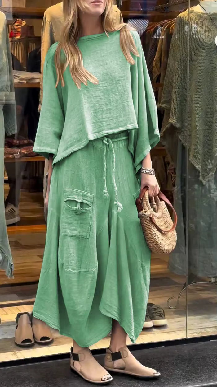 Casual Cotton and Linen Loose Solid Color Irregular Top Waist Pocket Skirt Two-piece Set