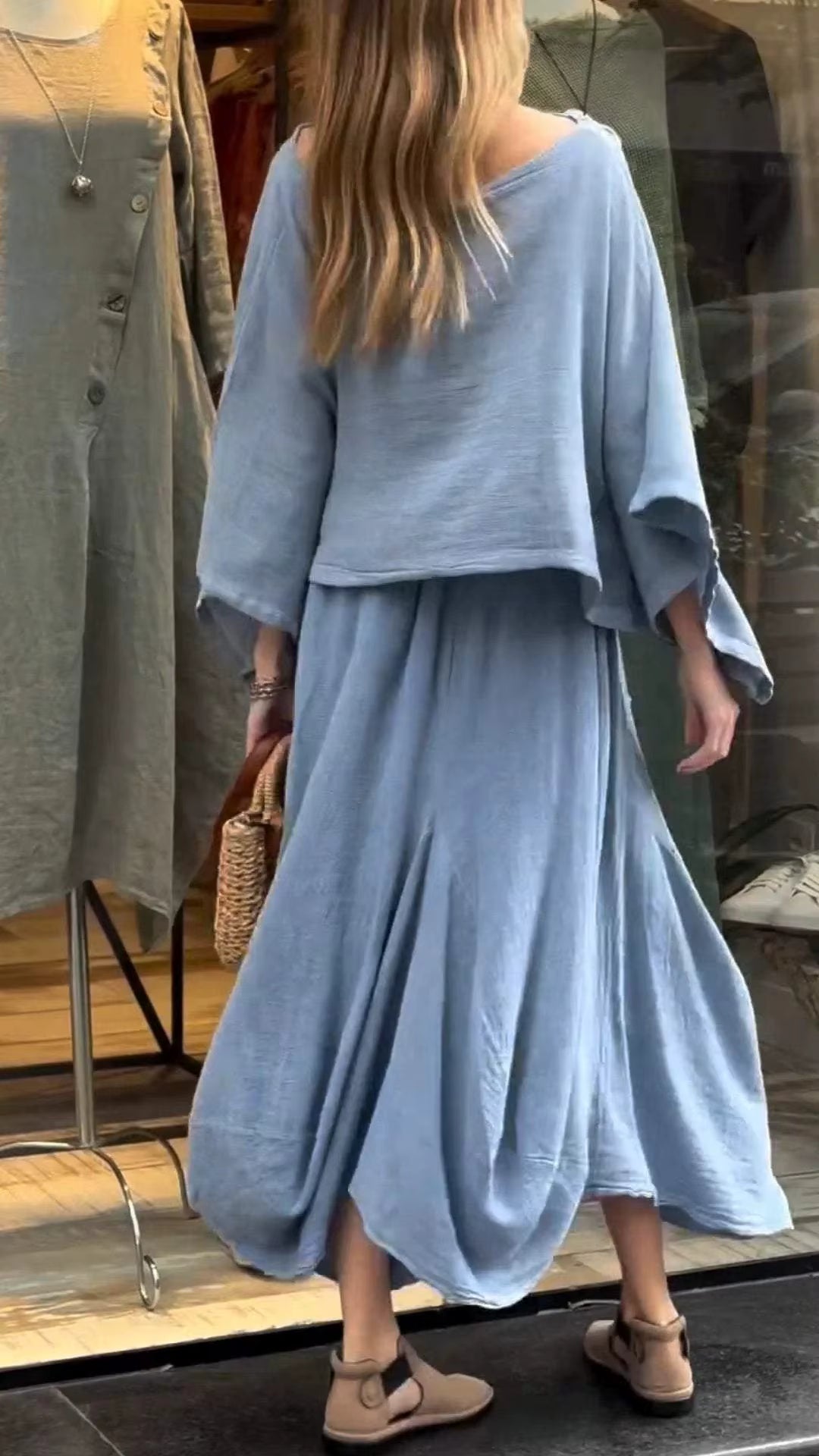 Casual Cotton and Linen Loose Solid Color Irregular Top Waist Pocket Skirt Two-piece Set