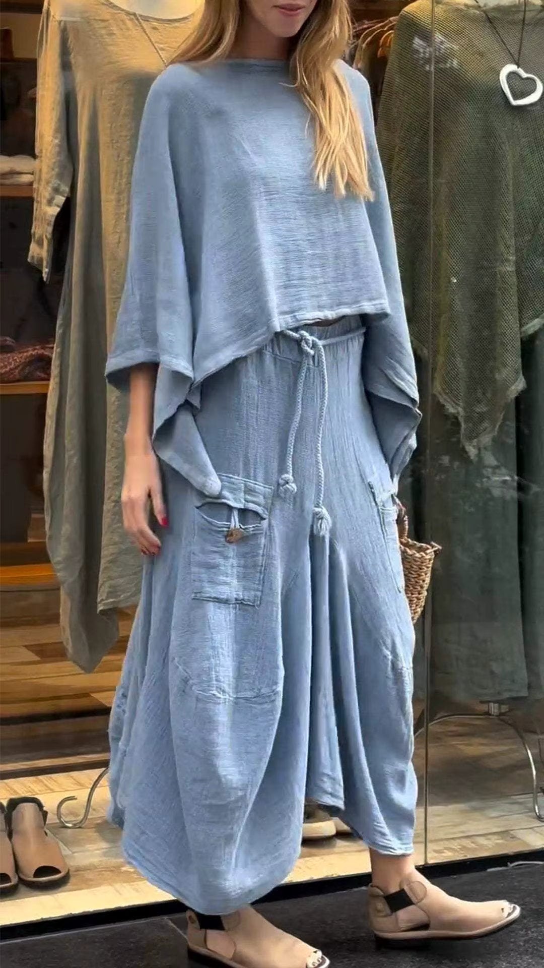 Casual Cotton and Linen Loose Solid Color Irregular Top Waist Pocket Skirt Two-piece Set