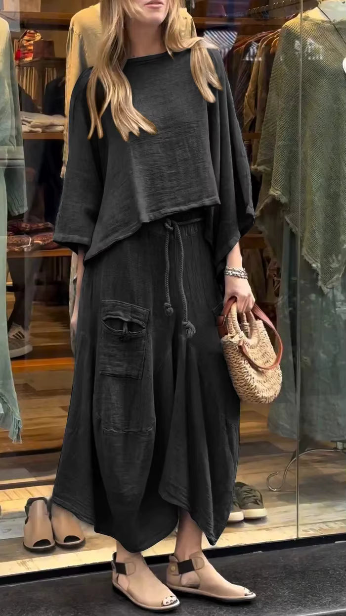 Casual Cotton and Linen Loose Solid Color Irregular Top Waist Pocket Skirt Two-piece Set