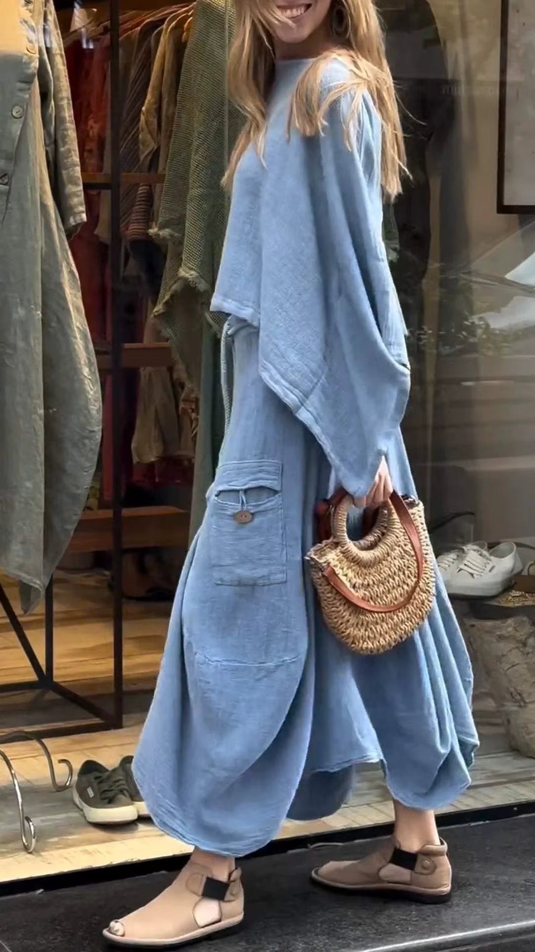 Casual Cotton and Linen Loose Solid Color Irregular Top Waist Pocket Skirt Two-piece Set
