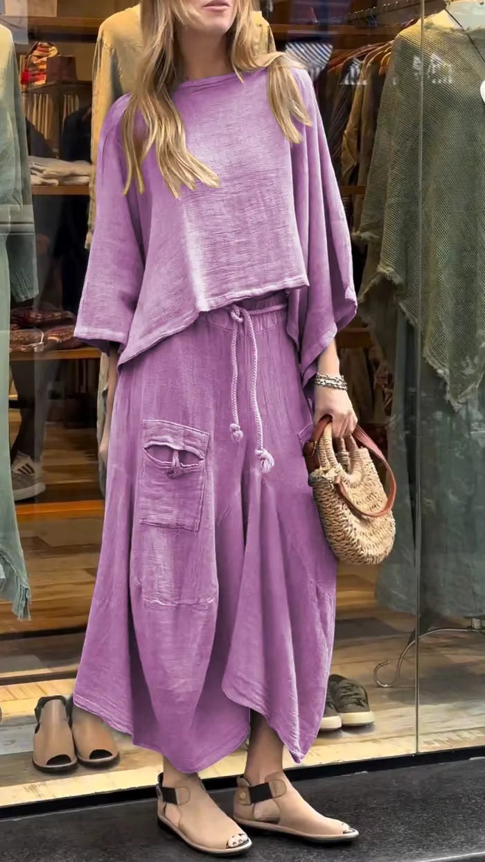 Casual Cotton and Linen Loose Solid Color Irregular Top Waist Pocket Skirt Two-piece Set