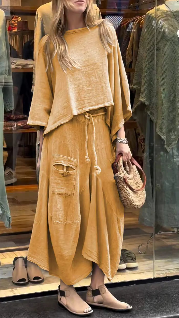 Casual Cotton and Linen Loose Solid Color Irregular Top Waist Pocket Skirt Two-piece Set