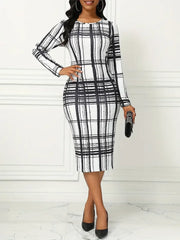 Casual Crew Neck Plaid Print Long Sleeve Slight Stretch Midi Dress