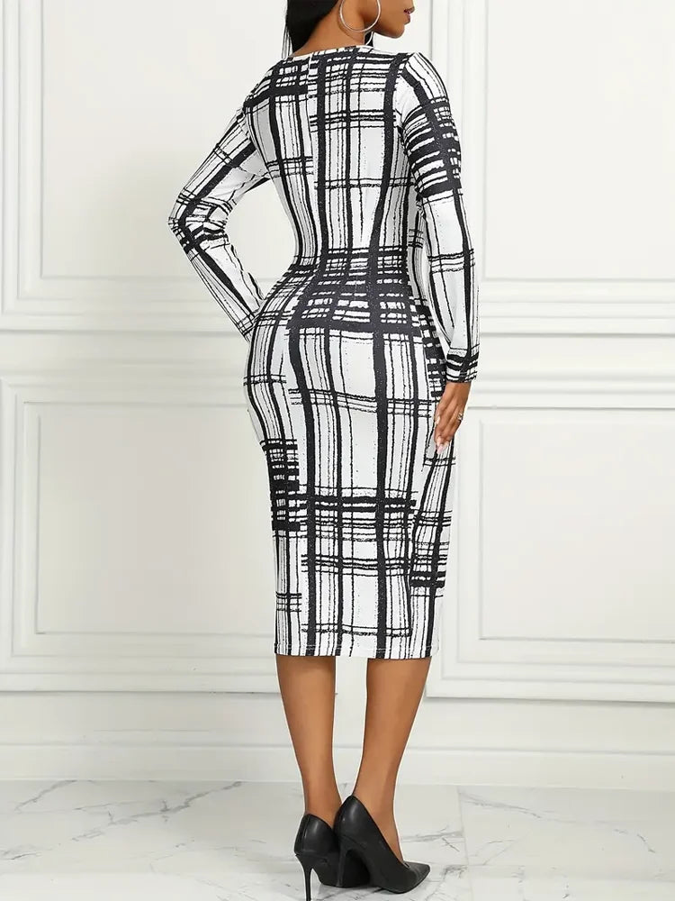 Casual Crew Neck Plaid Print Long Sleeve Slight Stretch Midi Dress