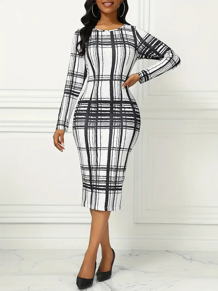 Casual Crew Neck Plaid Print Long Sleeve Slight Stretch Midi Dress