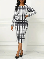 Casual Crew Neck Plaid Print Long Sleeve Slight Stretch Midi Dress