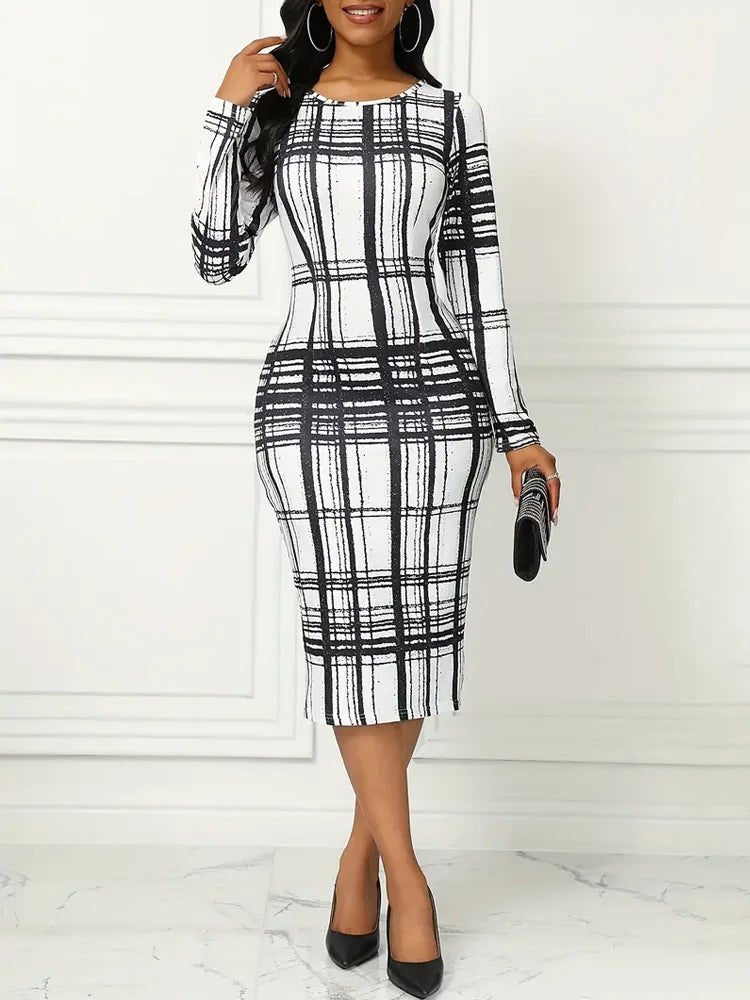 Casual Crew Neck Plaid Print Long Sleeve Slight Stretch Midi Dress
