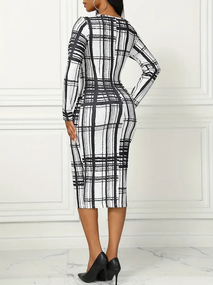 Casual Crew Neck Plaid Print Long Sleeve Slight Stretch Midi Dress