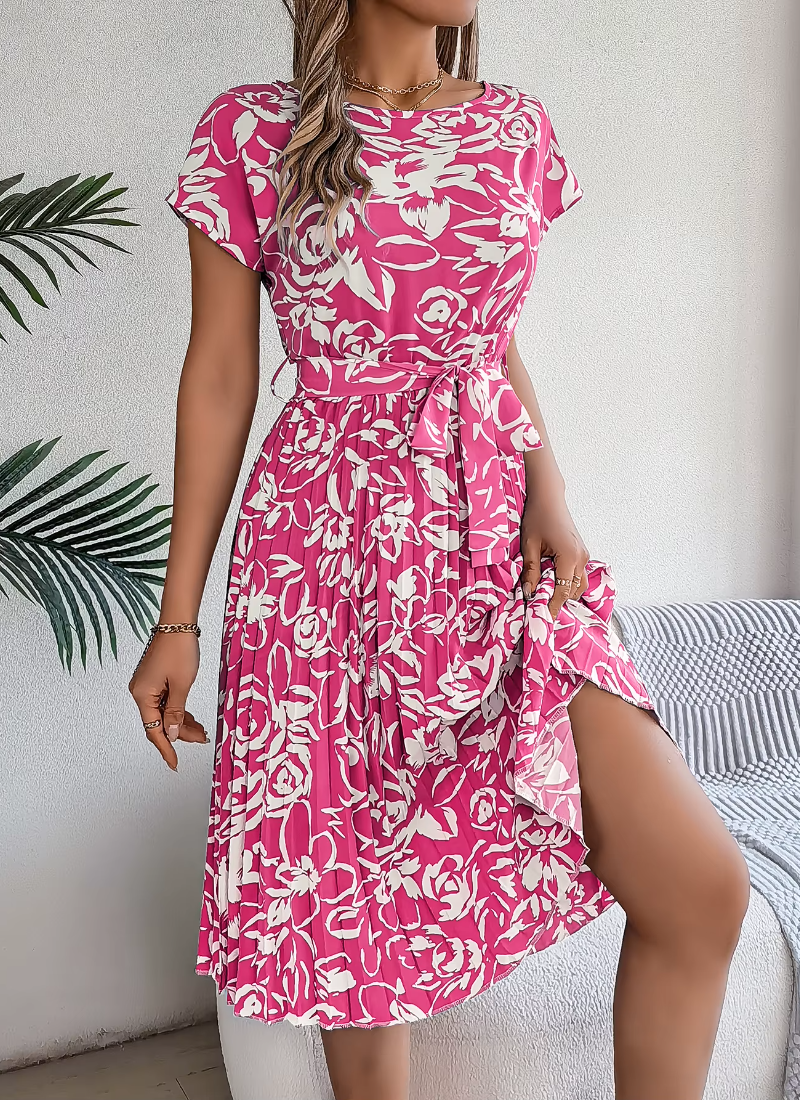 Casual Crew Neck Short Sleeve Floral Print Belted Dress