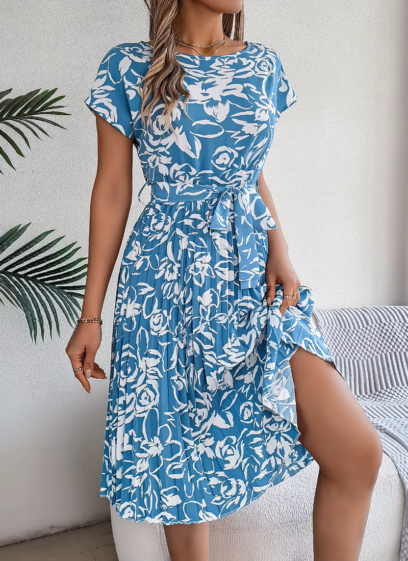 Casual Crew Neck Short Sleeve Floral Print Belted Dress