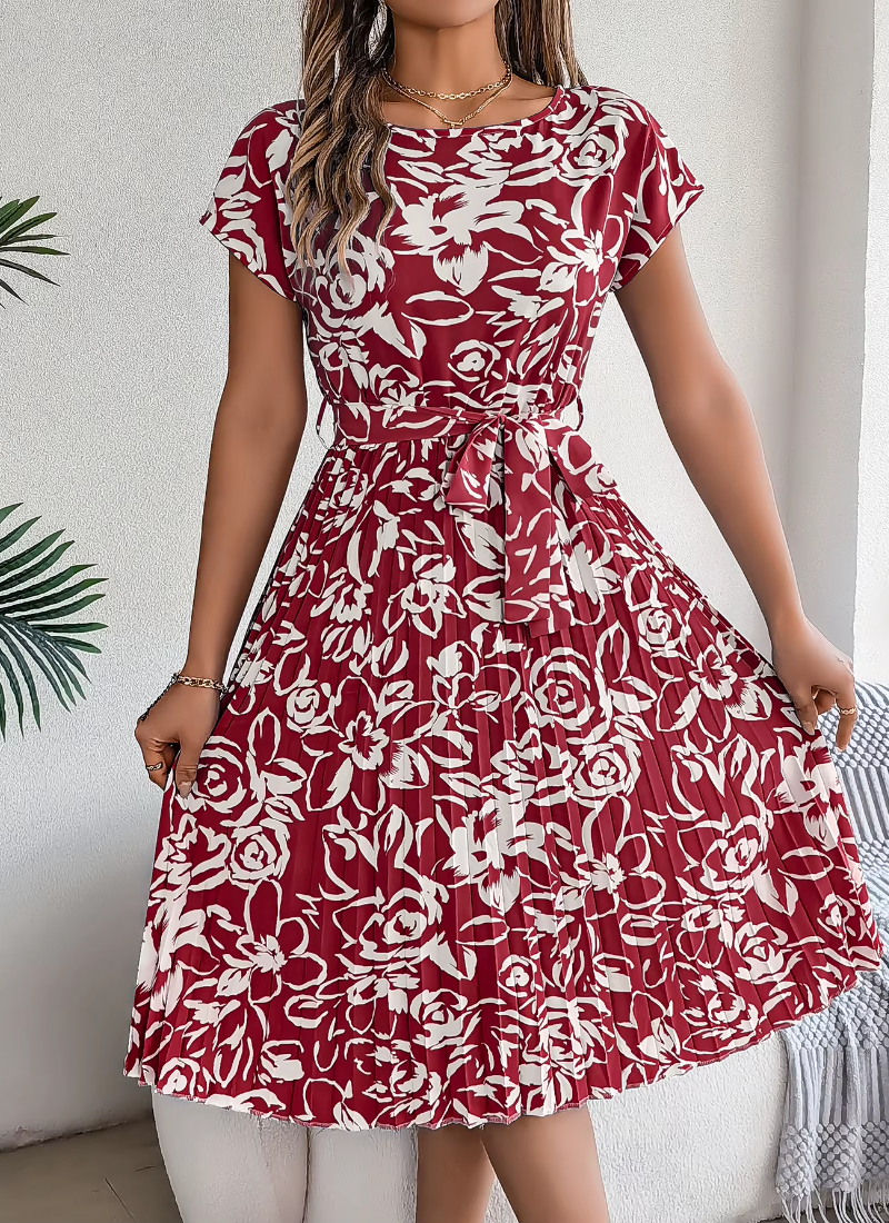 Casual Crew Neck Short Sleeve Floral Print Belted Dress