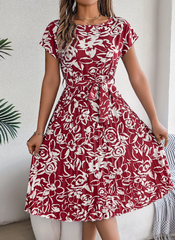 Casual Crew Neck Short Sleeve Floral Print Belted Dress