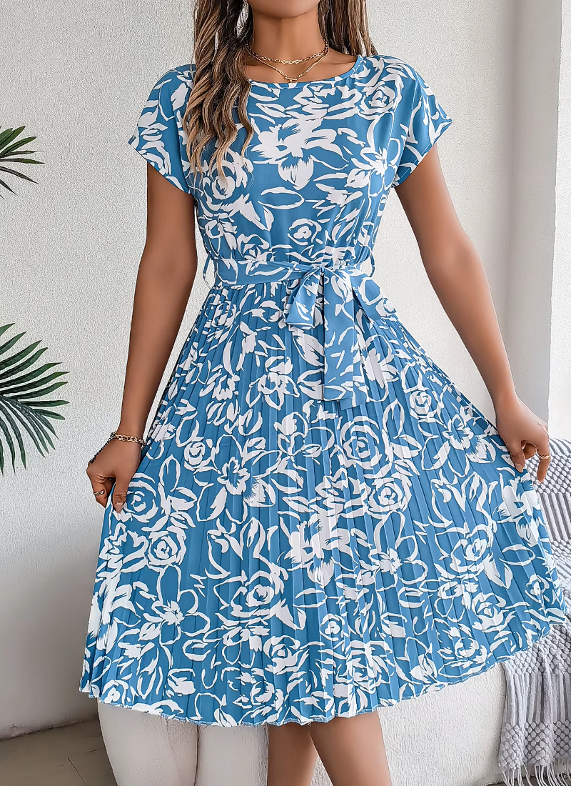 Casual Crew Neck Short Sleeve Floral Print Belted Dress