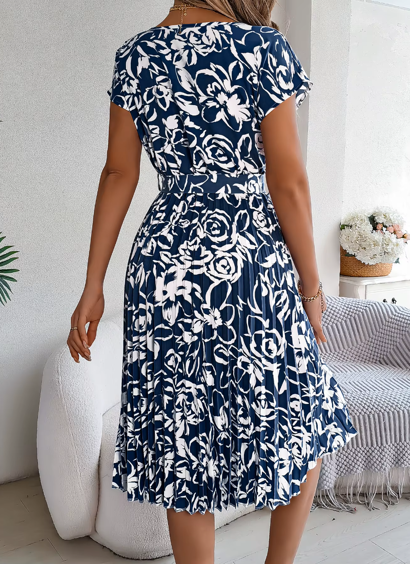 Casual Crew Neck Short Sleeve Floral Print Belted Dress