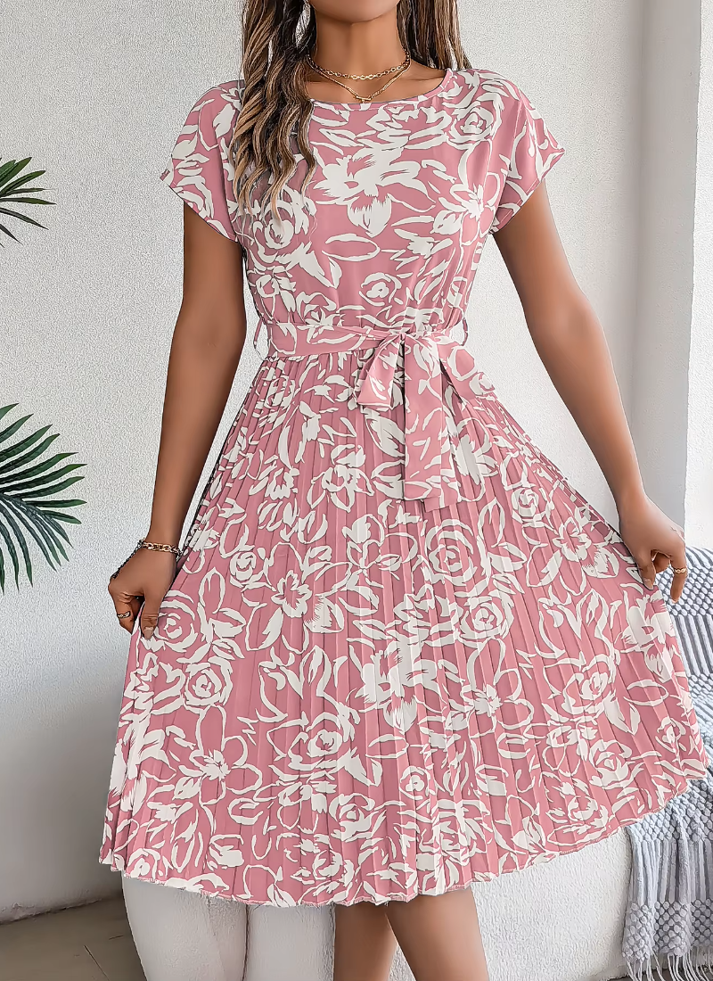 Casual Crew Neck Short Sleeve Floral Print Belted Dress