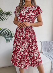 Casual Crew Neck Short Sleeve Floral Print Belted Dress