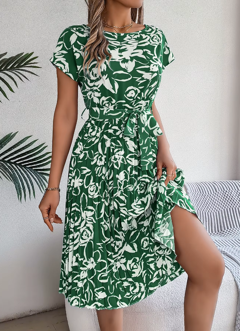Casual Crew Neck Short Sleeve Floral Print Belted Dress