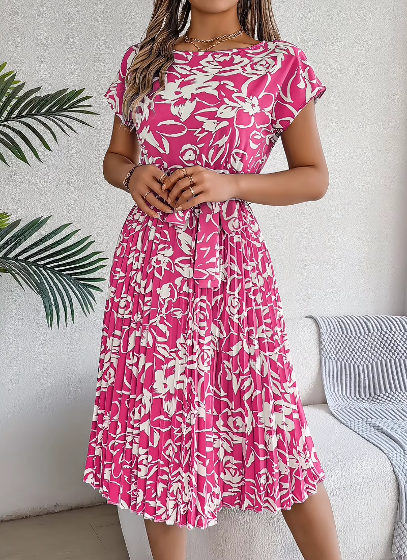 Casual Crew Neck Short Sleeve Floral Print Belted Dress