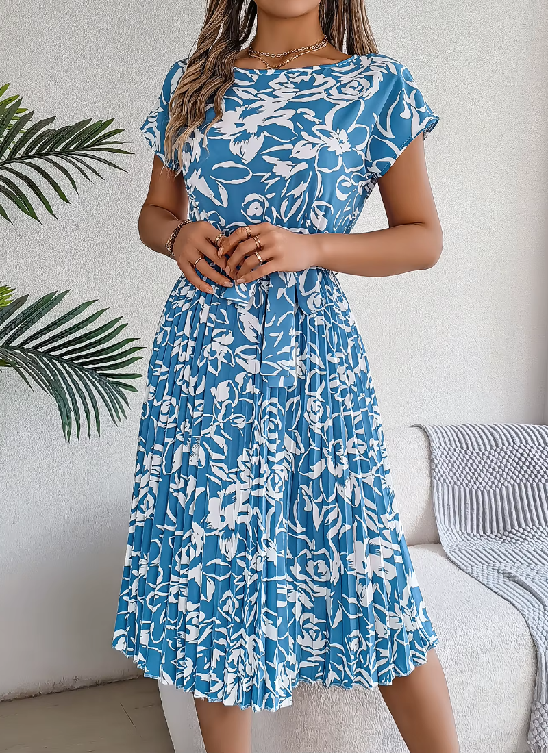 Casual Crew Neck Short Sleeve Floral Print Belted Dress