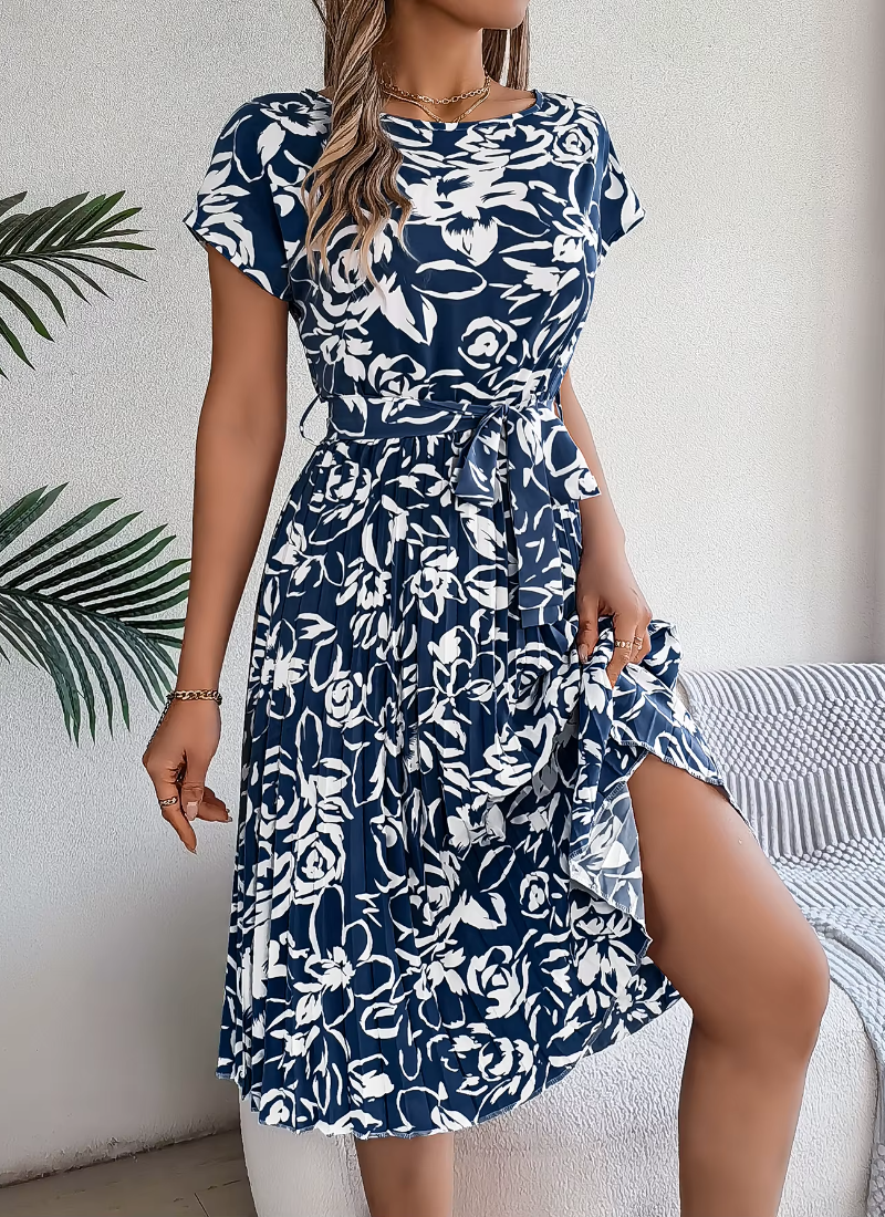 Casual Crew Neck Short Sleeve Floral Print Belted Dress