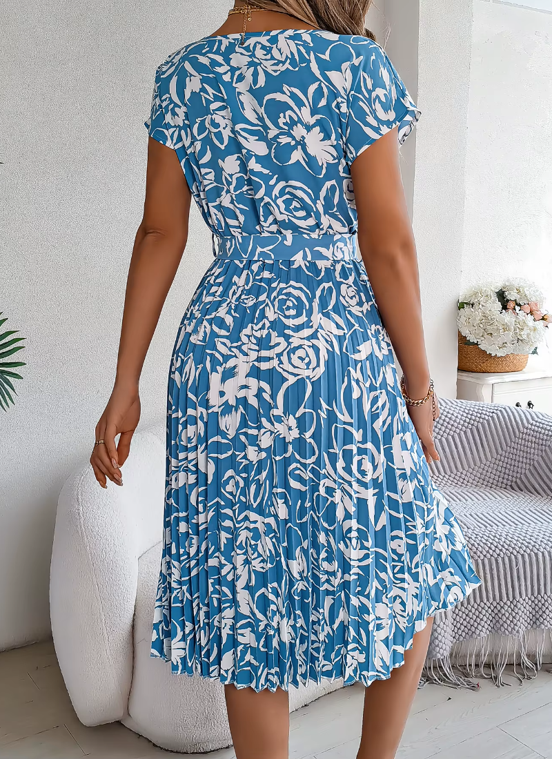 Casual Crew Neck Short Sleeve Floral Print Belted Dress