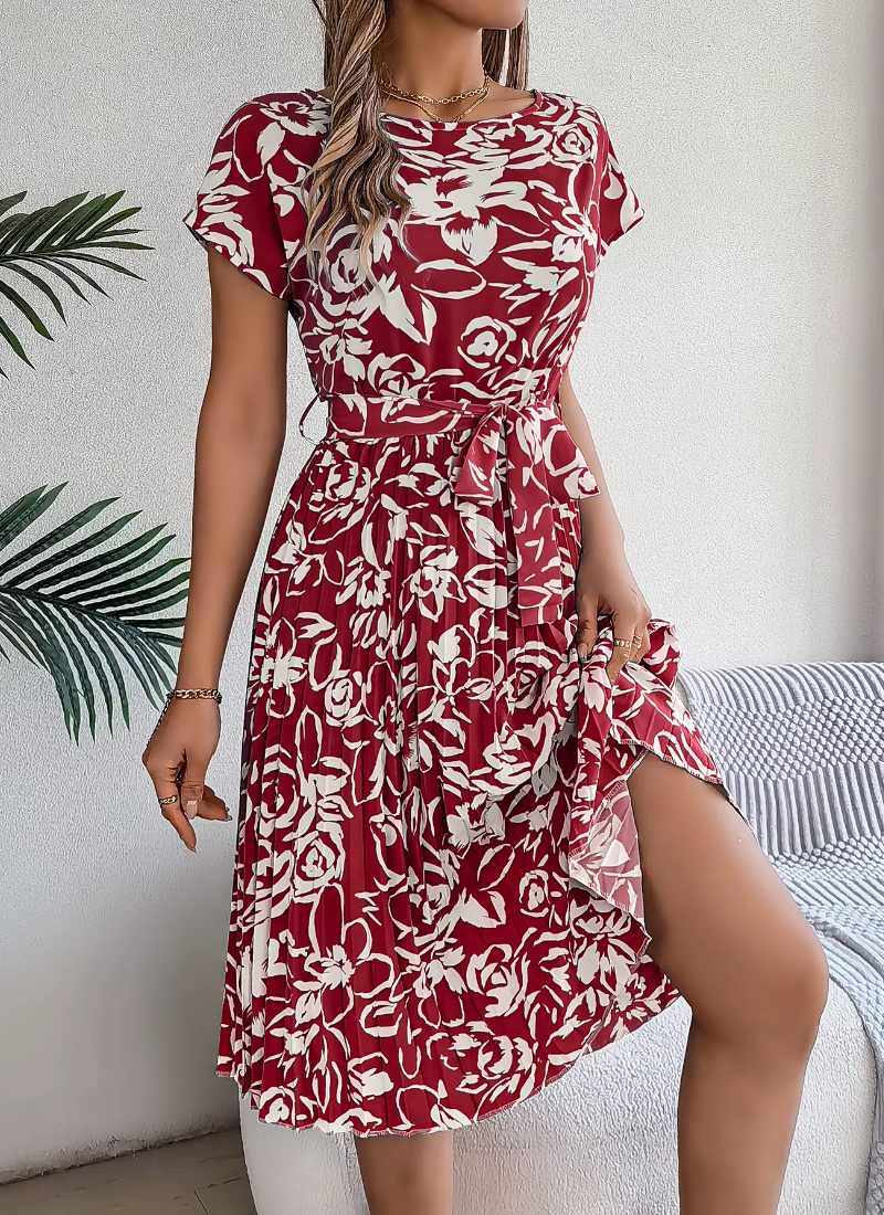 Casual Crew Neck Short Sleeve Floral Print Belted Dress
