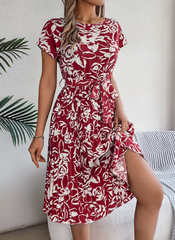 Casual Crew Neck Short Sleeve Floral Print Belted Dress