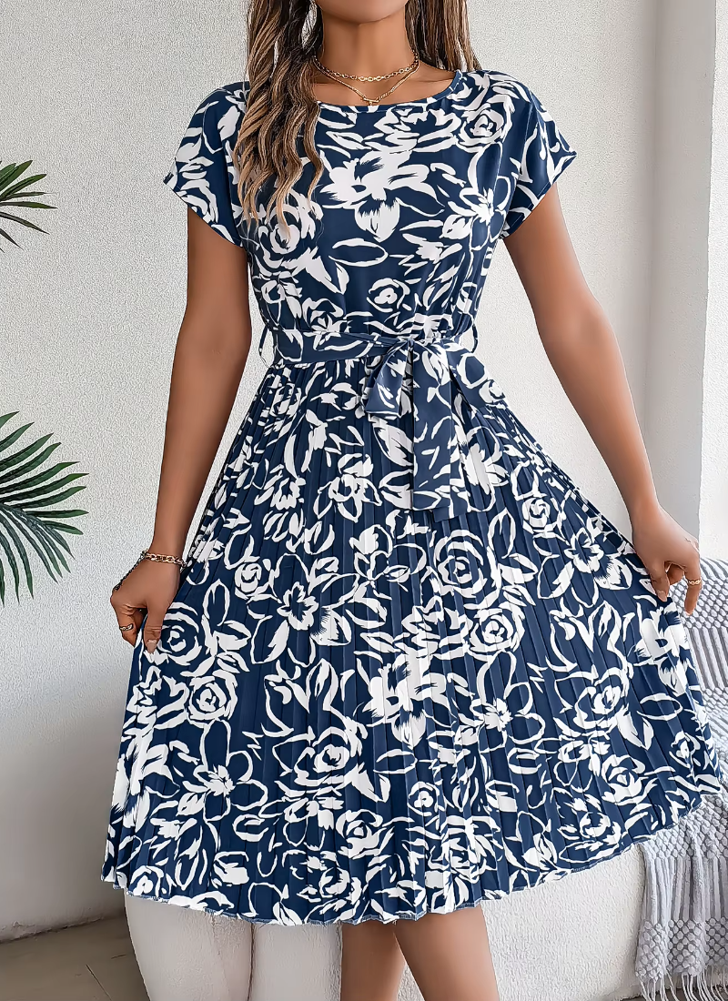 Casual Crew Neck Short Sleeve Floral Print Belted Dress