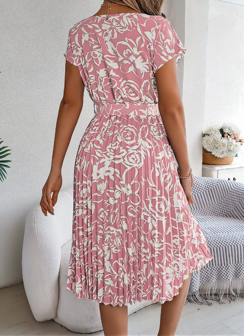 Casual Crew Neck Short Sleeve Floral Print Belted Dress