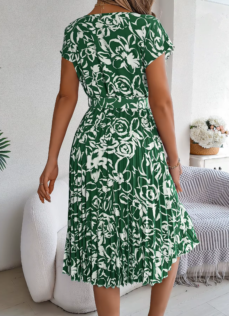 Casual Crew Neck Short Sleeve Floral Print Belted Dress