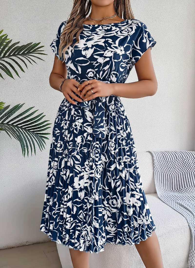 Casual Crew Neck Short Sleeve Floral Print Belted Dress