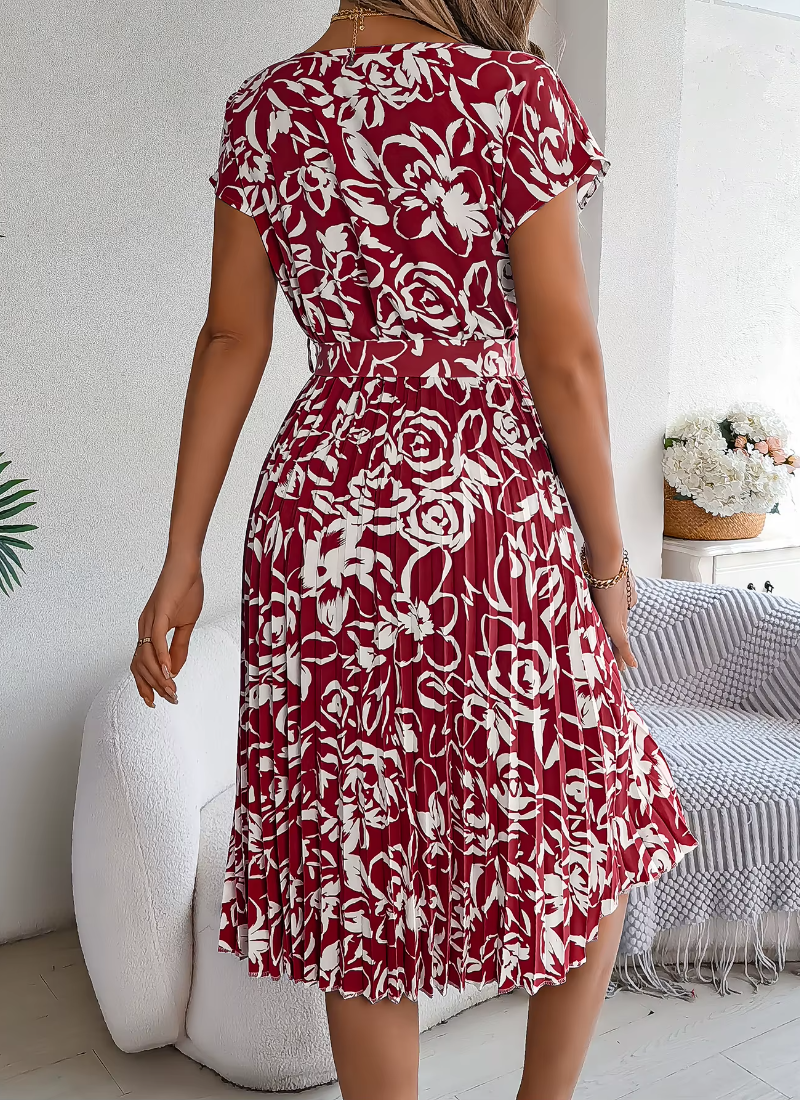 Casual Crew Neck Short Sleeve Floral Print Belted Dress