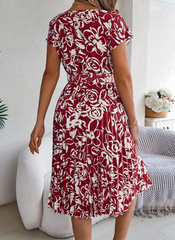 Casual Crew Neck Short Sleeve Floral Print Belted Dress